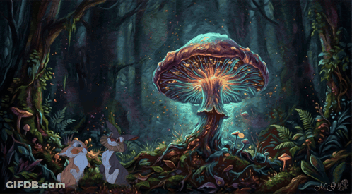 Two Rabbits In Forest With Mushroom GIF