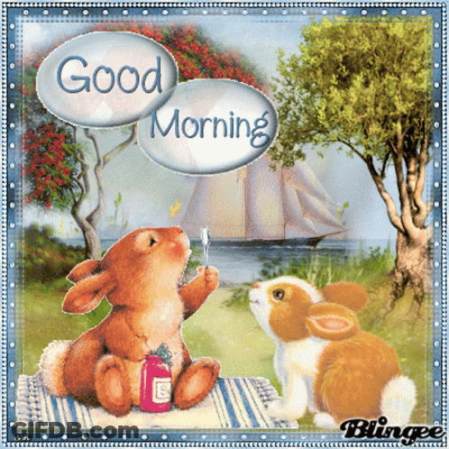 Two Rabbits Picnic Blanket Boat Good Morning GIF
