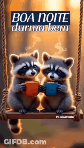 Two Raccoons Are Sitting On A Swing Holding Mugs Of Coffee . GIF
