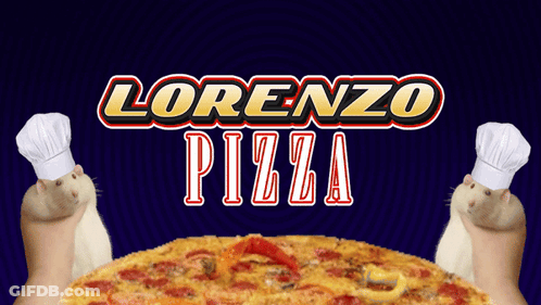 Two Rat Chefs Holding A Pizza In Front Of A Lorenzo Pizza Logo GIF