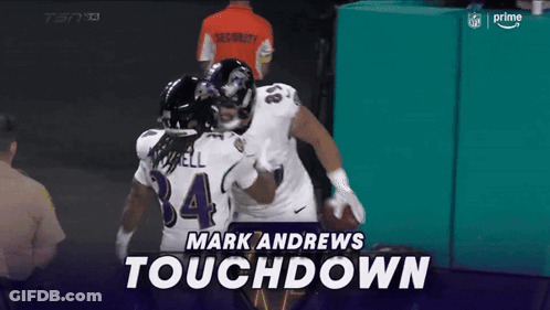 Two Ravens Football Players Celebrate A Touchdown With The Words Mark Andrews Touchdown In The Corner GIF