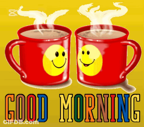 Two Red Cups With Smiley Faces On Them And The Words Good Morning GIF