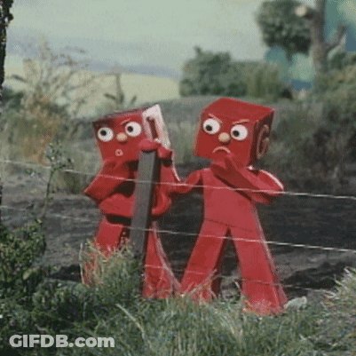 Two Red Figures Standing Next To Each Other GIF