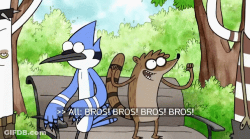 Two Regular Show Characters Sitting On A Bench With The Caption All Bros Bros Bros GIF