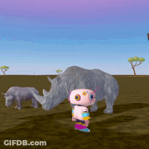 Two Rhinos And Robot In Field GIF