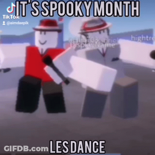 Two Roblox Characters Are Dancing In A Video Titled It 'S Spooky Month Les Dance . GIF