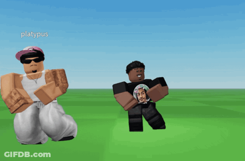 Two Roblox Characters Are Standing In A Field With The Name Platypus On The Bottom Left GIF