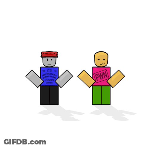 Two Roblox Characters Are Standing Next To Each Other And One Has Pwn On His Shirt GIF