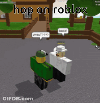 Two Roblox Characters Are Standing Next To Each Other With A Speech Bubble That Says Hop On Roblox Look Behind You GIF