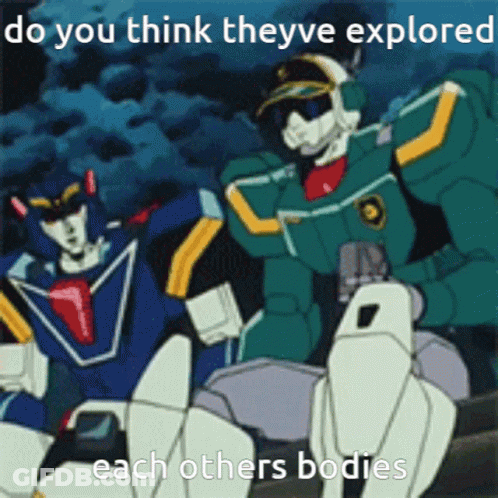 Two Robots Are Standing Next To Each Other With The Caption Do You Think Theyve Explored Each Others Bodies . GIF