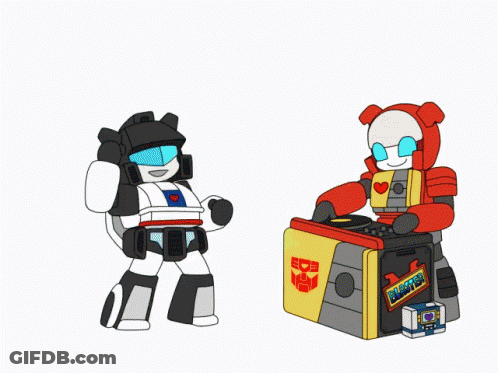 Two Robots Dancing Next To Boombox GIF