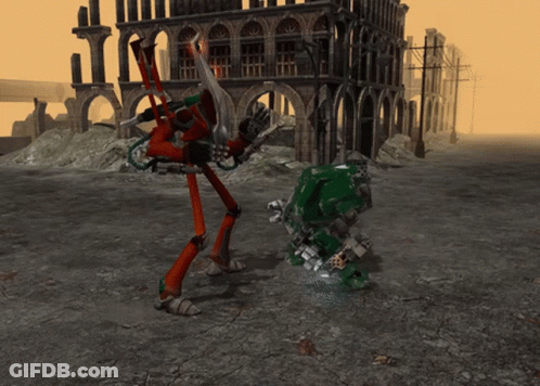 Two Robots Fighting In Front Of Destroyed Building GIF