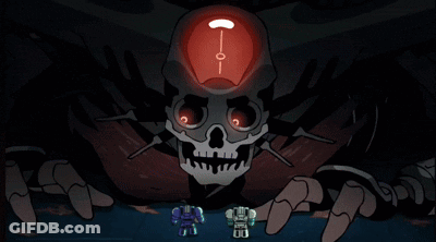 Two Robots Standing In Front Of Giant Robot With Blue Light GIF