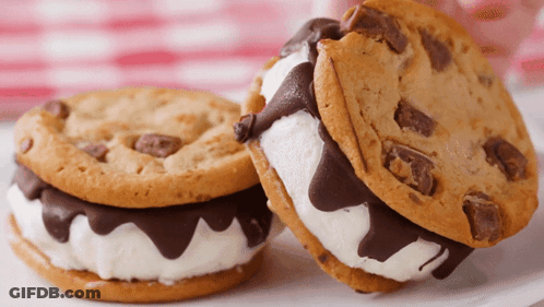 Two S'mores Sandwiches On A White Plate With Chocolate Chips GIF