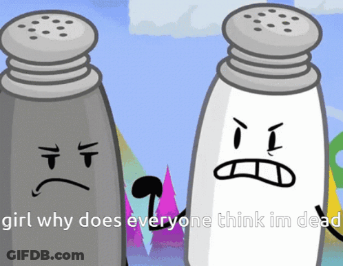 Two Salt And Pepper Shakers Are Standing Next To Each Other With The Words Girl Why Does Everyone Think Im Dead Below Th GIF