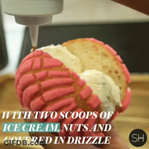 Two Scoops Ice Cream Nuts Drizzle Poured Into Concha GIF
