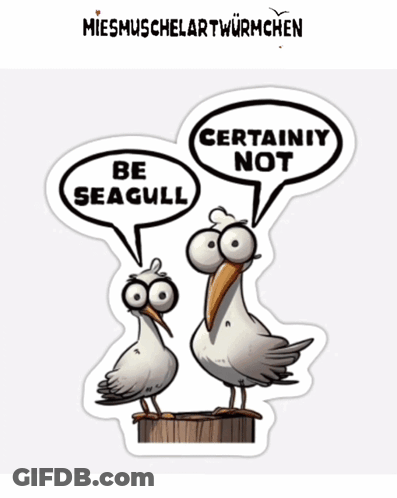 Two Seagulls Are Standing Next To Each Other And One Says " Be Seagull " GIF