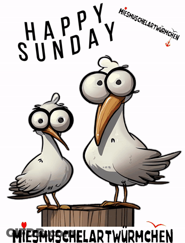 Two Seagulls On Wooden Block Saying Happy Sunday GIF
