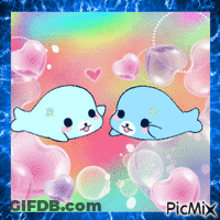 Two Seals Surrounded By Bubbles And Hearts GIF