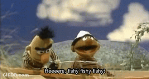 Two Sesame Street Characters Are Fishing And One Of Them Is Saying Heeeere , Fishy Fishy Fishy ! GIF