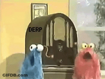 Two Sesame Street Characters Are Standing In Front Of A Radio That Says Derp On It . GIF