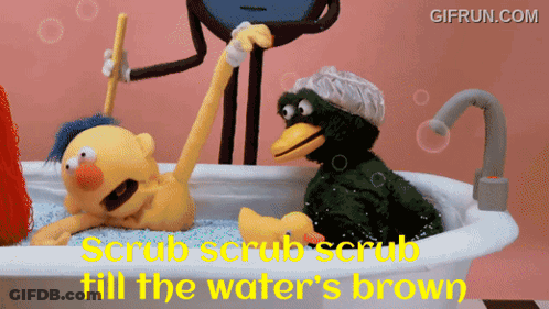 Two Sesame Street Characters In A Bathtub With The Words Scrub Scrub Scrub Till The Water 'S Brown GIF