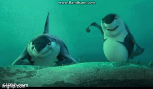 Two Sharks Are Standing Next To Each Other In The Ocean And Smiling . GIF