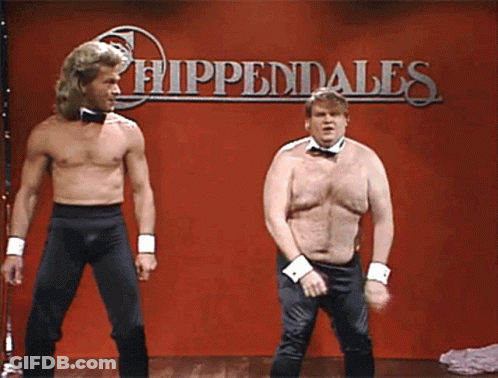 Two Shirtless Men Are Dancing In Front Of A Sign That Says Hippendale 'S GIF