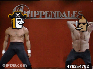 Two Shirtless Men Are Dancing In Front Of A Sign That Says " Hippendales " GIF