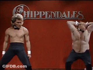 Two Shirtless Men Are Dancing In Front Of A Sign That Says Hippendales GIF