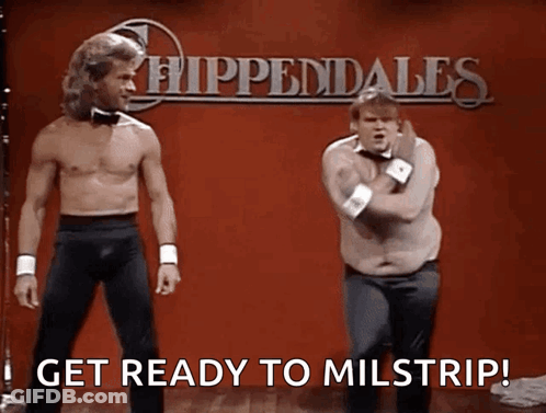 Two Shirtless Men Are Dancing In Front Of A Sign That Says Hippendales GIF