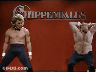 Two Shirtless Men Are Dancing In Front Of A Sign That Says Hippendales GIF