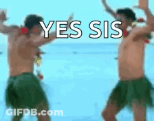Two Shirtless Men Are Dancing On The Beach And The Words Yes Sis Are Visible In The Background . GIF