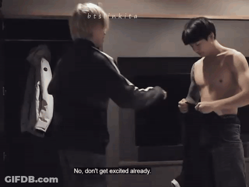 Two Shirtless Men Are Standing Next To Each Other And One Of Them Says No Don T Get Excited Already GIF