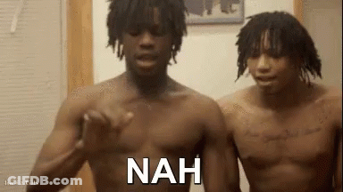 Two Shirtless Men Are Standing Next To Each Other In A Room With The Word Nah Written On The Screen . GIF