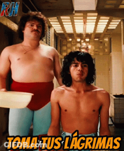 Two Shirtless Men Are Standing Next To Each Other With The Words Toma Tus Lagrimas Written On The Bottom GIF
