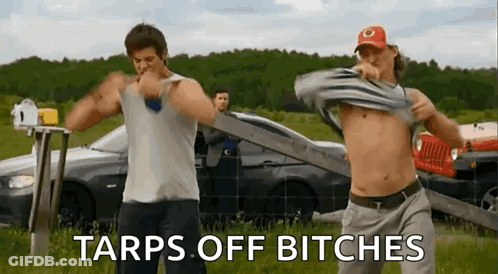 Two Shirtless Men Dancing In Field GIF