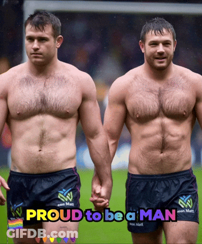 Two Shirtless Men Holding Hands With The Words Proud To Be A Man On The Bottom GIF