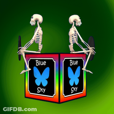 Two Skeletons Are Sitting On Top Of A Box That Says Blue Sky GIF