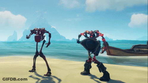 Two Skeletons Are Standing On A Sandy Beach Near The Ocean GIF