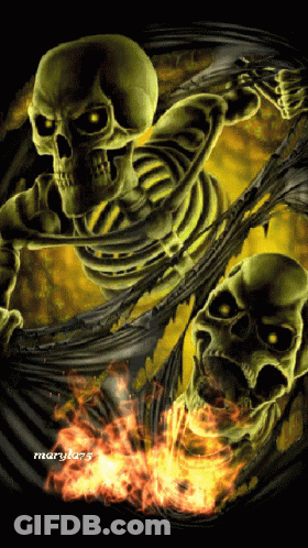 Two Skeletons Are Surrounded By Flames And The Name Maryka75 Is At The Bottom GIF