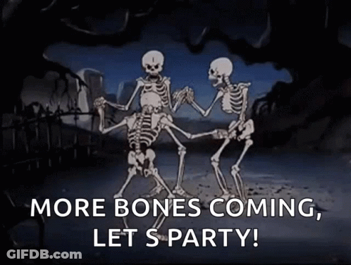 Two Skeletons Dancing More Bones Coming Let's Party GIF
