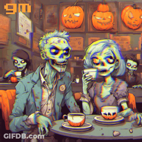 Two Skeletons Drinking Coffee In A Diner GIF