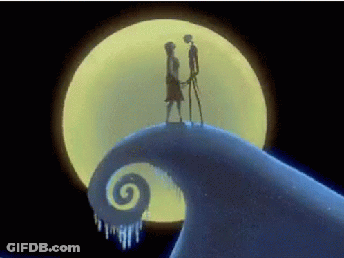 Two Skeletons Facing Each Other In Front Of Full Moon GIF