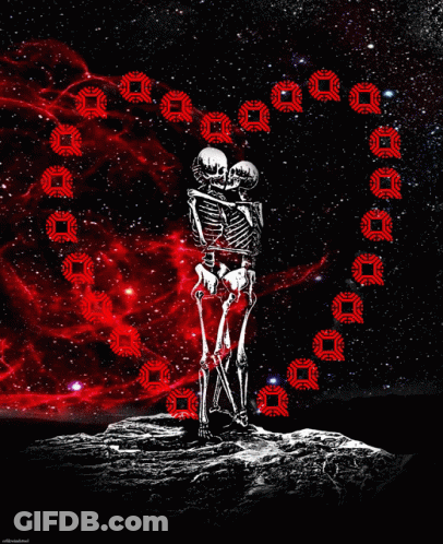 Two Skeletons Kissing In Front Of Red Background GIF