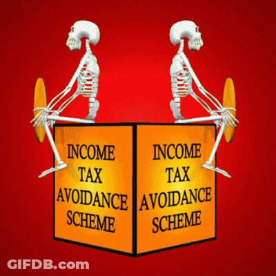 Two Skeletons On Box Saying Income Tax Avoidance Scheme GIF