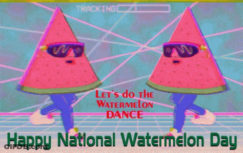 Two Slices Of Watermelon Wearing Sunglasses Are Dancing On A Colorful Background With The Words " Happy National Waterme GIF