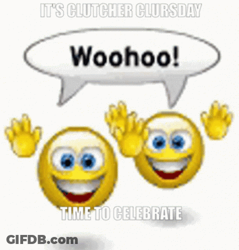 Two Smiley Faces Waving Saying Woohoo Time To Celebrate GIF