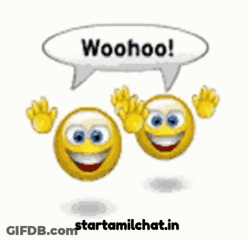 Two Smiley Faces Waving With Woohoo Speech Bubble GIF