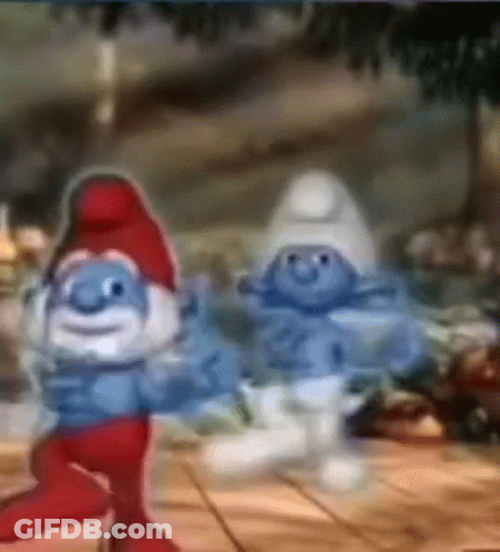 Two Smurfs Are Dancing On A Wooden Floor . GIF